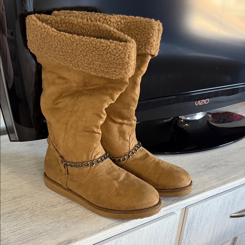 G by Guess Tan Winter Boots with Chain Detail